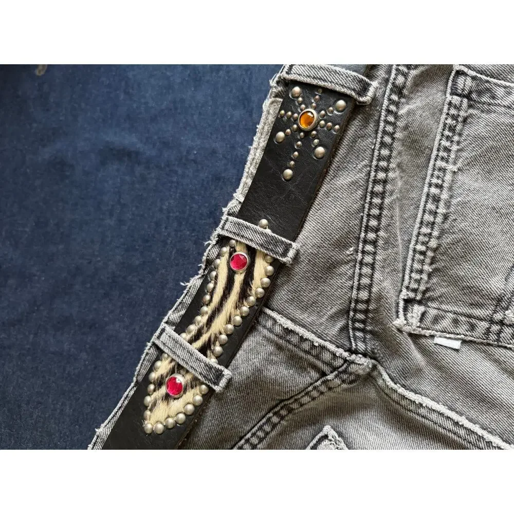 Vintage Western Black Studded Leather Belt Calf Hair Inlay Size 36